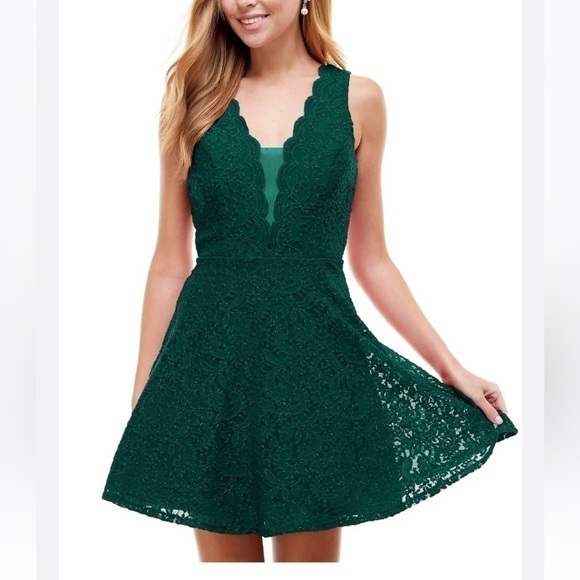 CITY STUDIOS JUNIOR'S V NECK GLITTER LACE DRESS green 0 - Picture 1 of 9